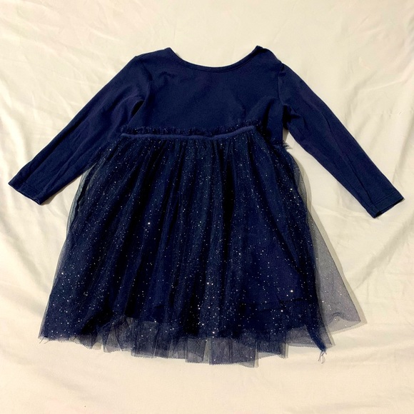 Navy Blue long-sleeved dress with a double-layered skirt in glittery tulle - Picture 3 of 3